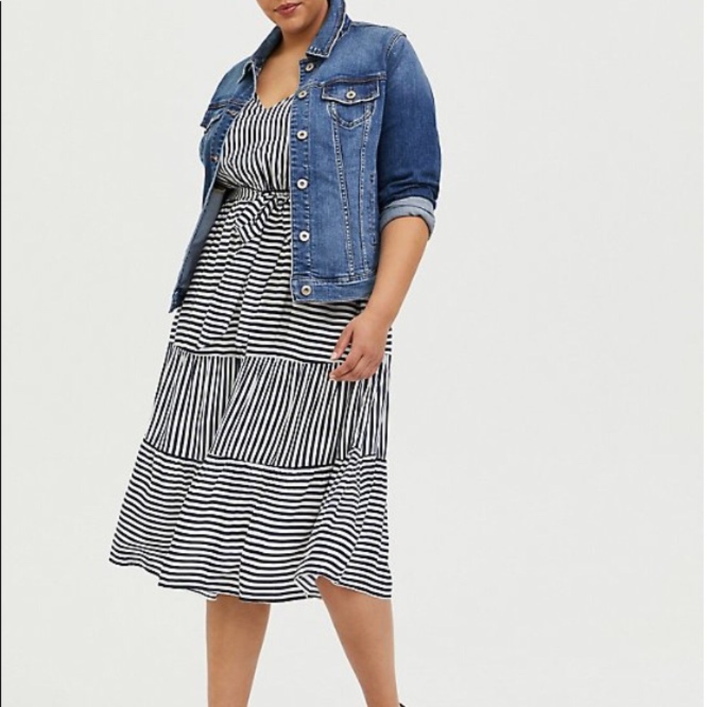 Stripe Challis Self Tie Tiered Midi Dress